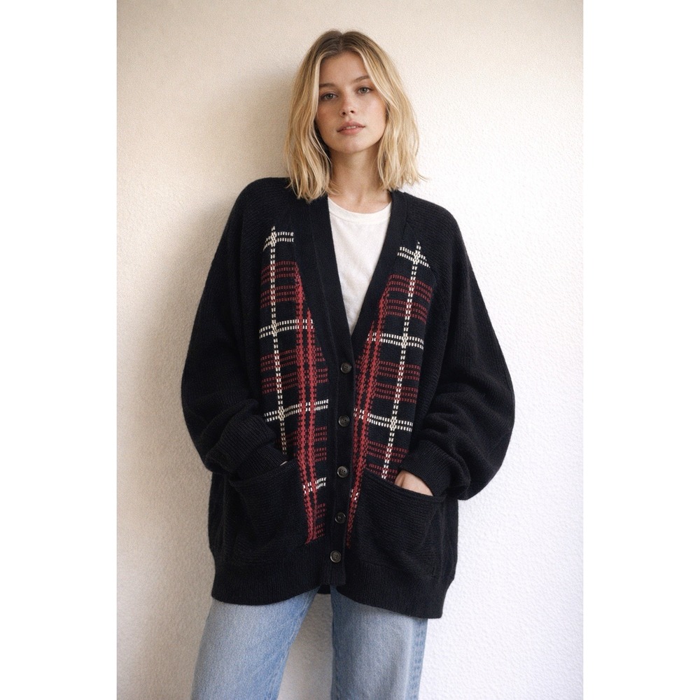Pendleton Womens PL Oversized Cardigan Red Black Merino Wool Button Grandpacore